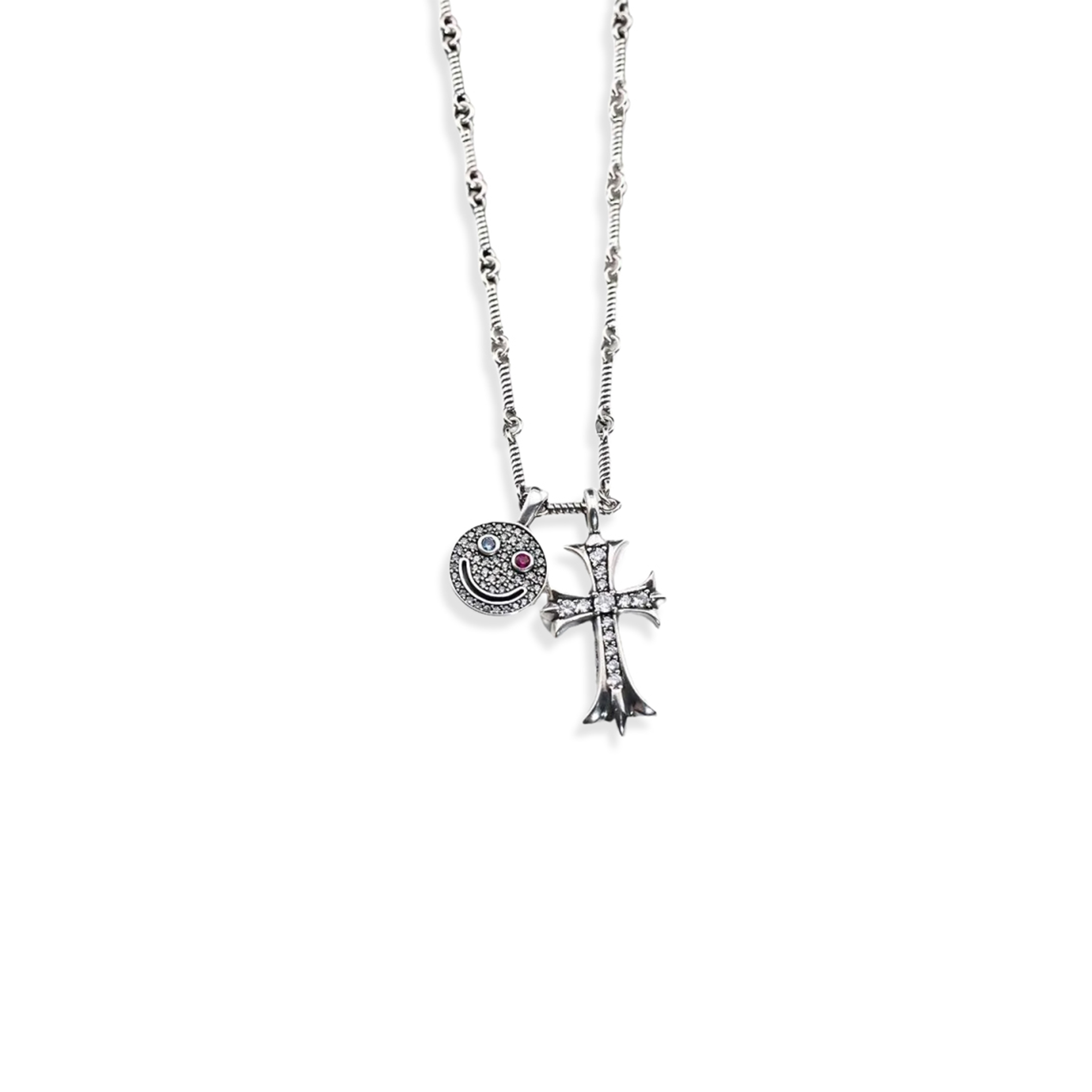 CHROME HEART DIAMOND CROSS PENDANT NECKLACE SILVER CHAIN SMILING HEART 